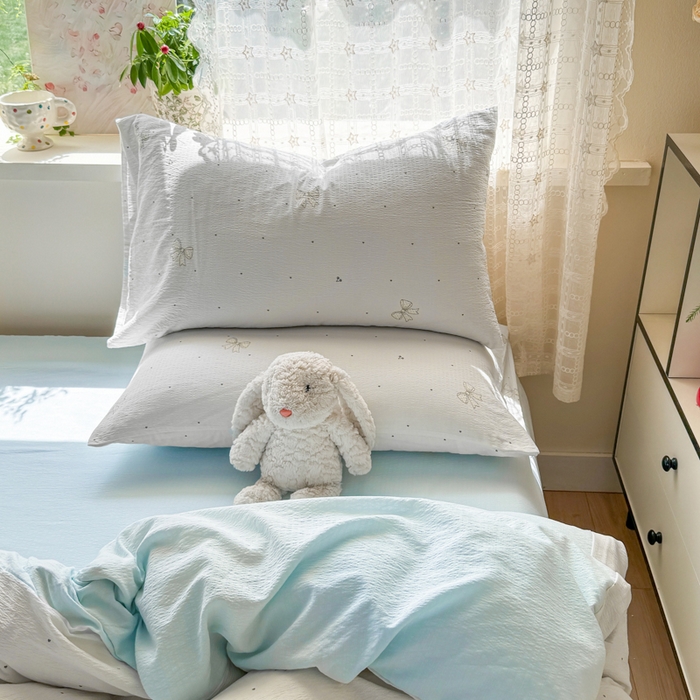 91家纺网 家纺一手货源 找家纺 丝芙妮家居 2026春夏新款皱皱棉双层纱泡芙棉四件套 云蝶-兰