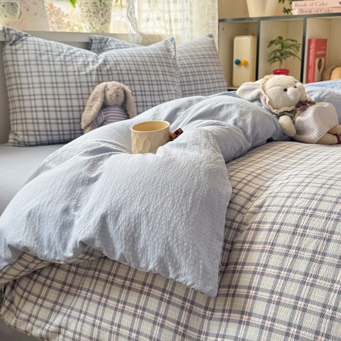 91家纺网 家纺一手货源 找家纺 丝芙妮家居 2026春夏新款皱皱棉双层纱泡芙棉四件套 怀旧-兰