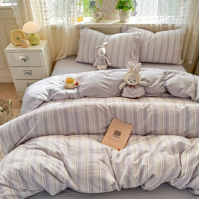 91家纺网 家纺一手货源 找家纺 丝芙妮家居 2026春夏新款皱皱棉双层纱泡芙棉四件套 晨光-灰