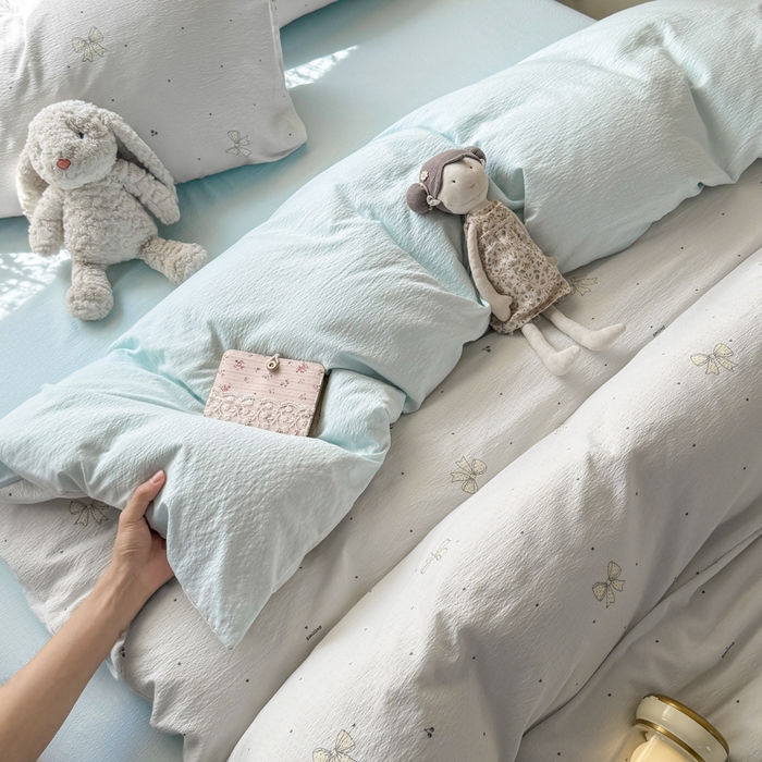 91家纺网 家纺一手货源 找家纺 丝芙妮家居 2026春夏新款皱皱棉双层纱泡芙棉四件套 云蝶-兰