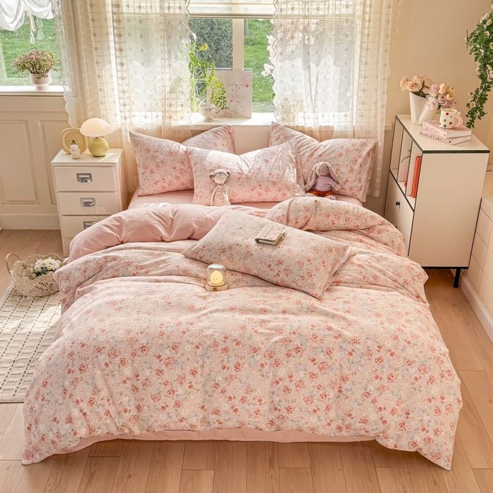 91家纺网 家纺一手货源 找家纺 丝芙妮家居 2026春夏新款皱皱棉双层纱泡芙棉四件套 花簇