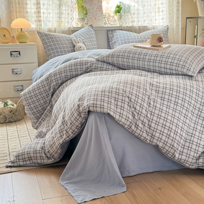 91家纺网 家纺一手货源 找家纺 丝芙妮家居 2026春夏新款皱皱棉双层纱泡芙棉四件套 怀旧-兰