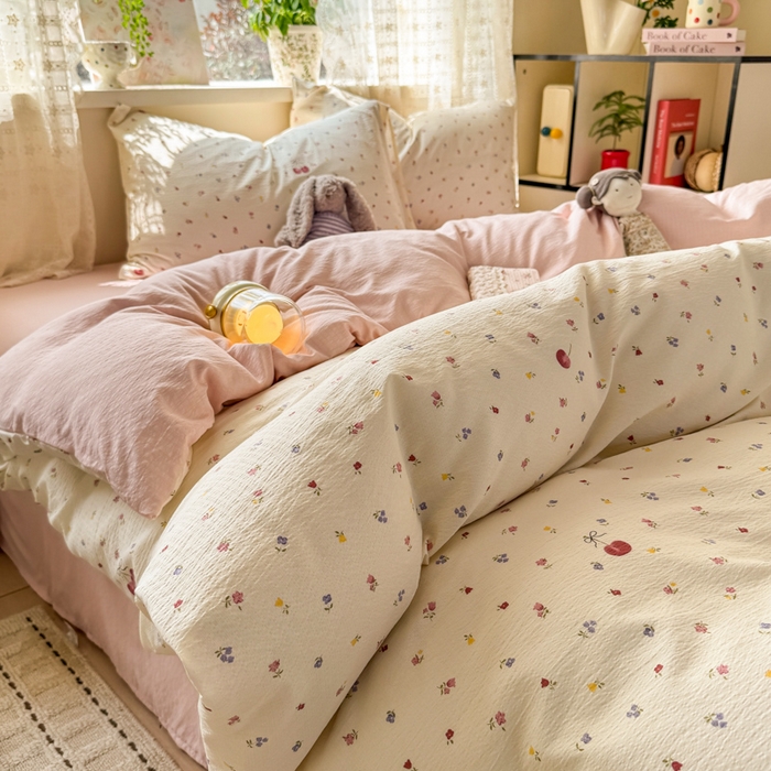 91家纺网 家纺一手货源 找家纺 丝芙妮家居 2026春夏新款皱皱棉双层纱泡芙棉四件套 樱桃