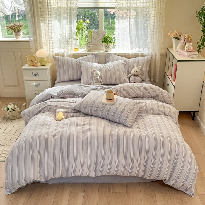 91家纺网 家纺一手货源 找家纺 丝芙妮家居 2026春夏新款皱皱棉双层纱泡芙棉四件套 晨光-灰