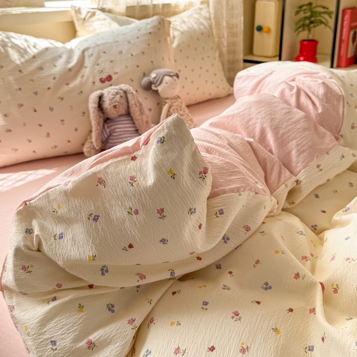 91家纺网 家纺一手货源 找家纺 丝芙妮家居 2026春夏新款皱皱棉双层纱泡芙棉四件套 樱桃