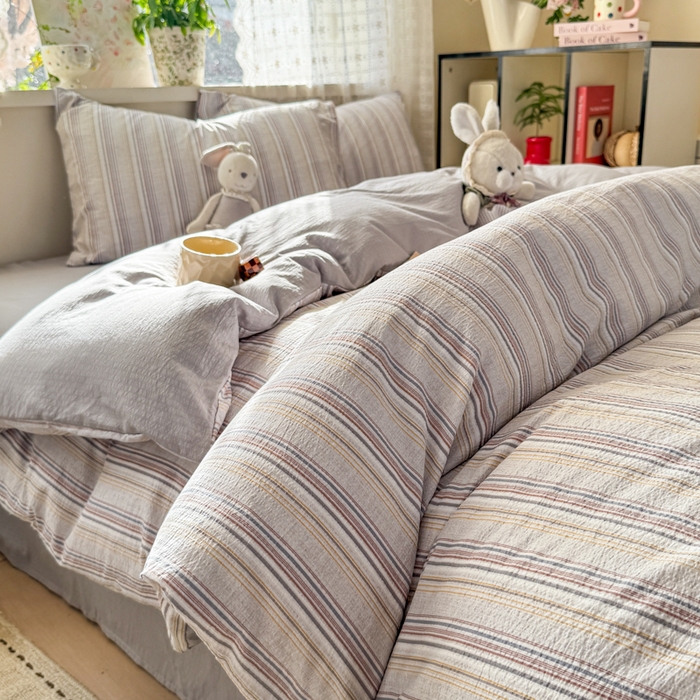 91家纺网 家纺一手货源 找家纺 丝芙妮家居 2026春夏新款皱皱棉双层纱泡芙棉四件套 晨光-灰