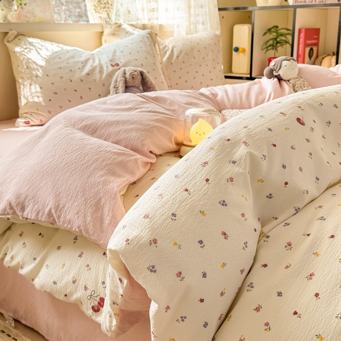 丝芙妮家居 2026春夏新款皱皱棉双层纱泡芙棉四件套 樱桃