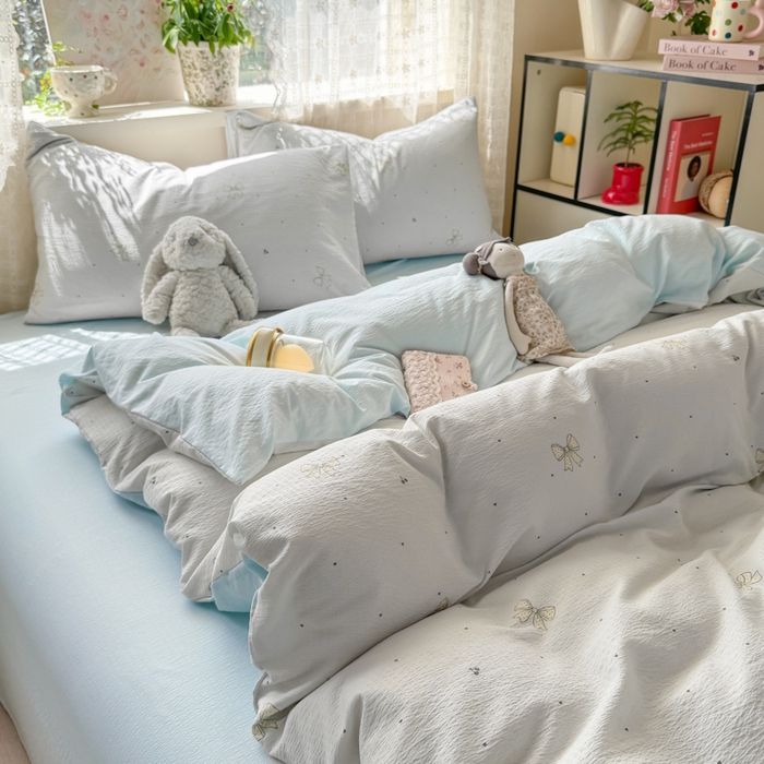 91家纺网 家纺一手货源 找家纺 丝芙妮家居 2026春夏新款皱皱棉双层纱泡芙棉四件套 云蝶-兰