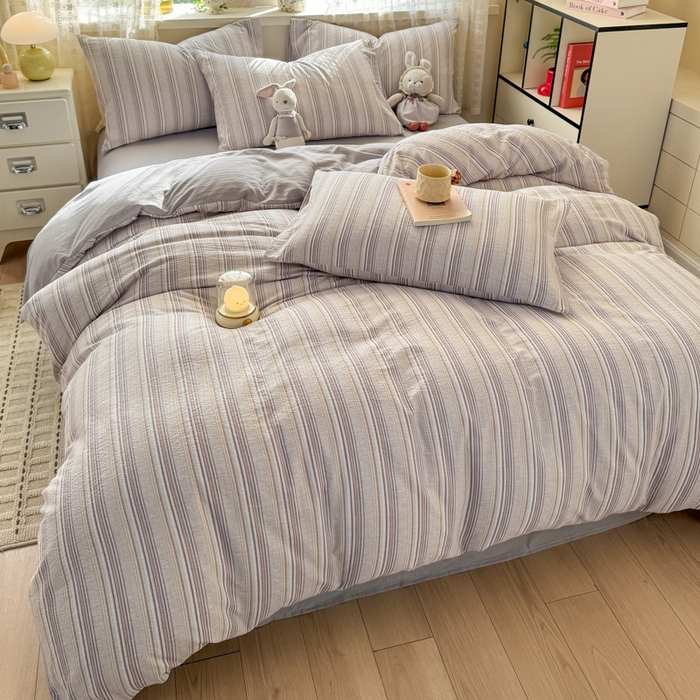 91家纺网 家纺一手货源 找家纺 丝芙妮家居 2026春夏新款皱皱棉双层纱泡芙棉四件套 晨光-灰