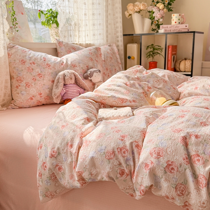 91家纺网 家纺一手货源 找家纺 丝芙妮家居 2026春夏新款皱皱棉双层纱泡芙棉四件套 花簇