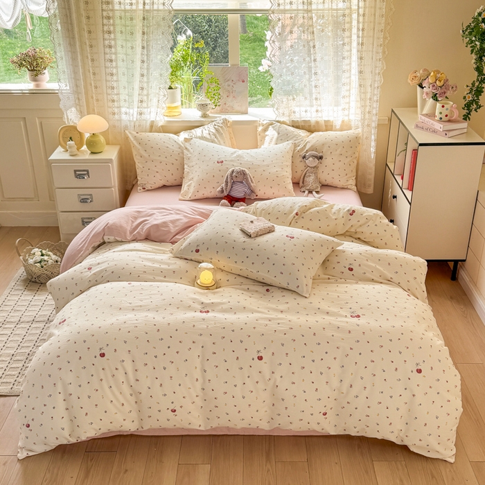 91家纺网 家纺一手货源 找家纺 丝芙妮家居 2026春夏新款皱皱棉双层纱泡芙棉四件套 樱桃