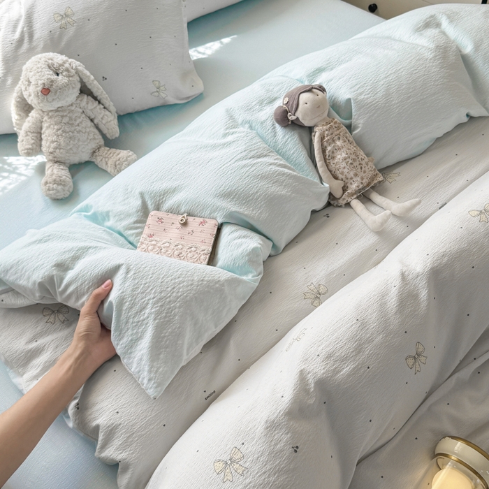 91家纺网 家纺一手货源 找家纺 丝芙妮家居 2026春夏新款皱皱棉双层纱泡芙棉四件套 云蝶-兰