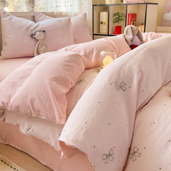 丝芙妮家居 2026春夏新款皱皱棉双层纱泡芙棉四件套 云蝶-粉