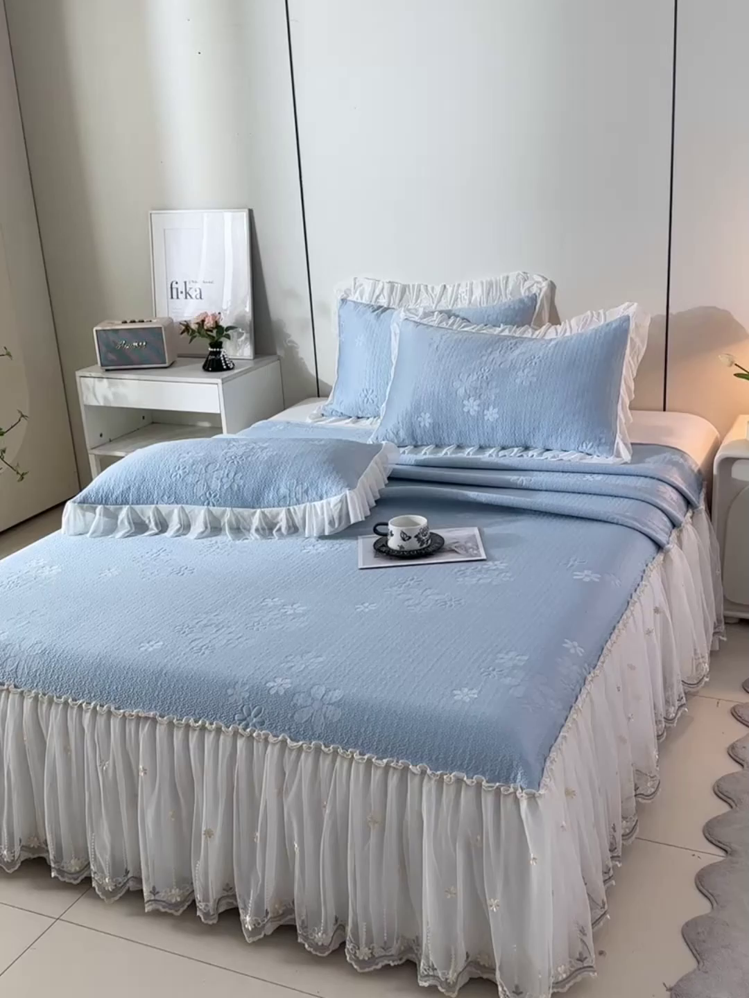 91家纺网 家纺一手货源 找家纺 民新家纺 2026新款3D立体冰豆豆凉席席子床裙三件套 香漫-蓝