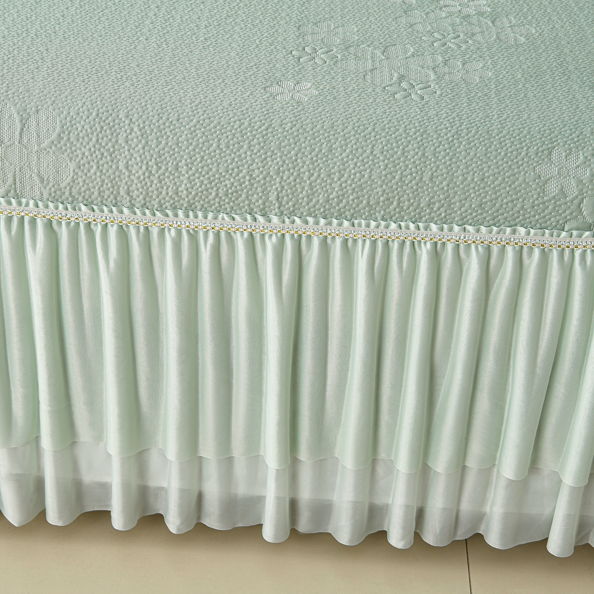 91家纺网 家纺一手货源 找家纺 民新家纺 2026新款3D立体冰豆豆凉席席子床裙三件套 香漫-绿