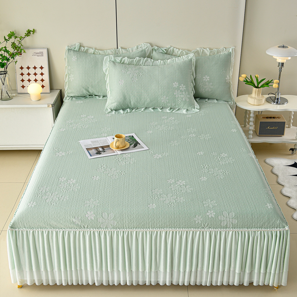 91家纺网 家纺一手货源 找家纺 民新家纺 2026新款3D立体冰豆豆凉席席子床裙三件套 香漫-绿