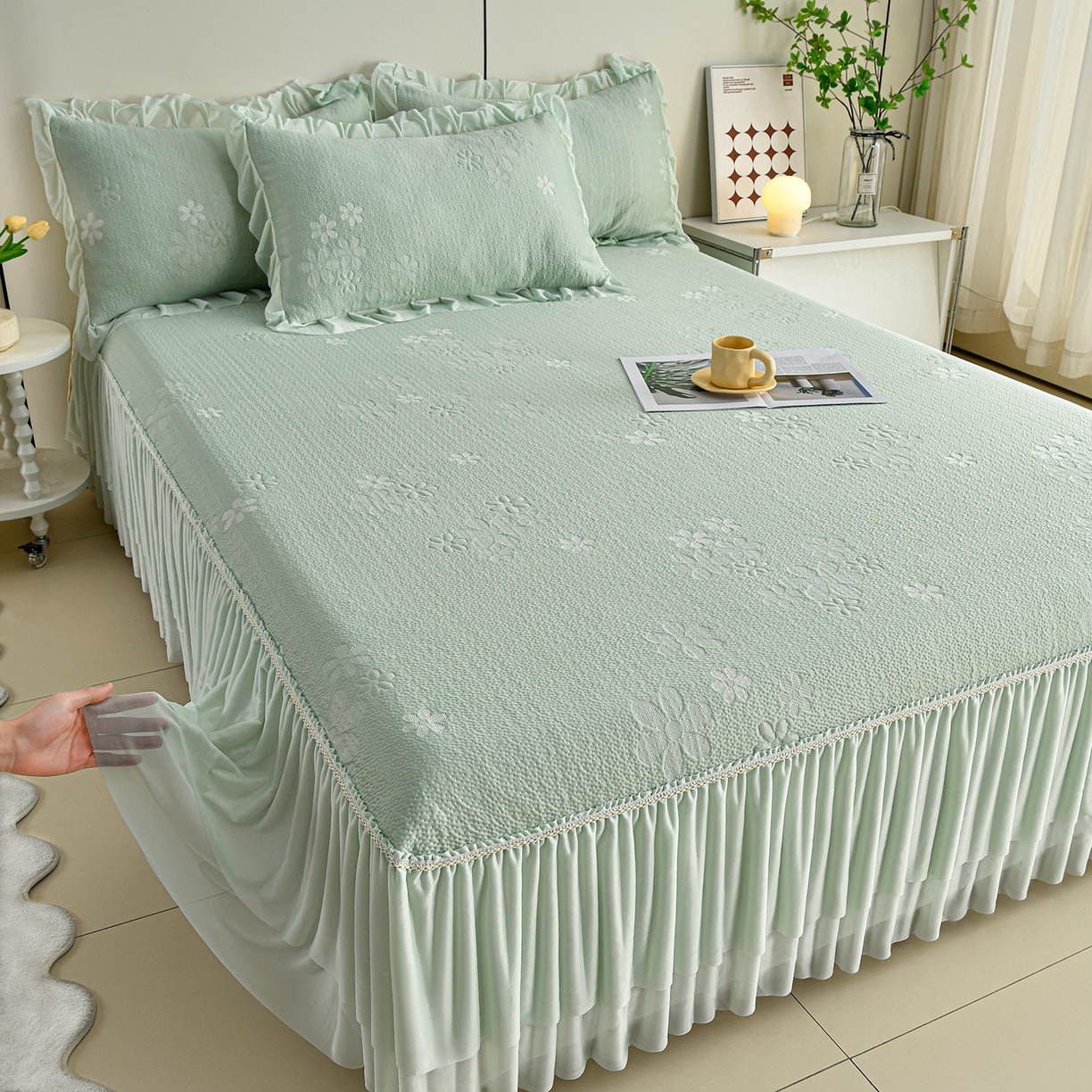 91家纺网 家纺一手货源 找家纺 民新家纺 2026新款3D立体冰豆豆凉席席子床裙三件套 香漫-绿