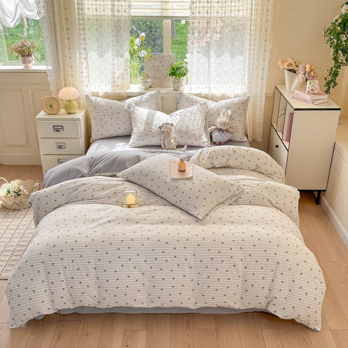 91家纺网 家纺一手货源 找家纺 丝芙妮家居 2026春夏新款皱皱棉双层纱泡芙棉四件套 知锦