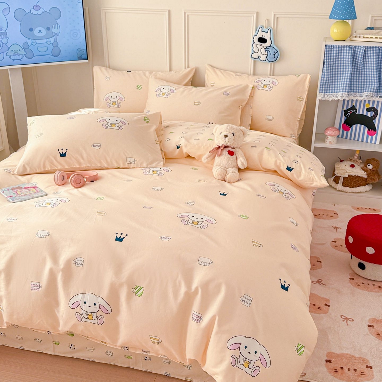 91家纺网 家纺一手货源 找家纺 女子家纺 2026新款全棉纯棉12868卡通印花四件套 大耳朵兔兔