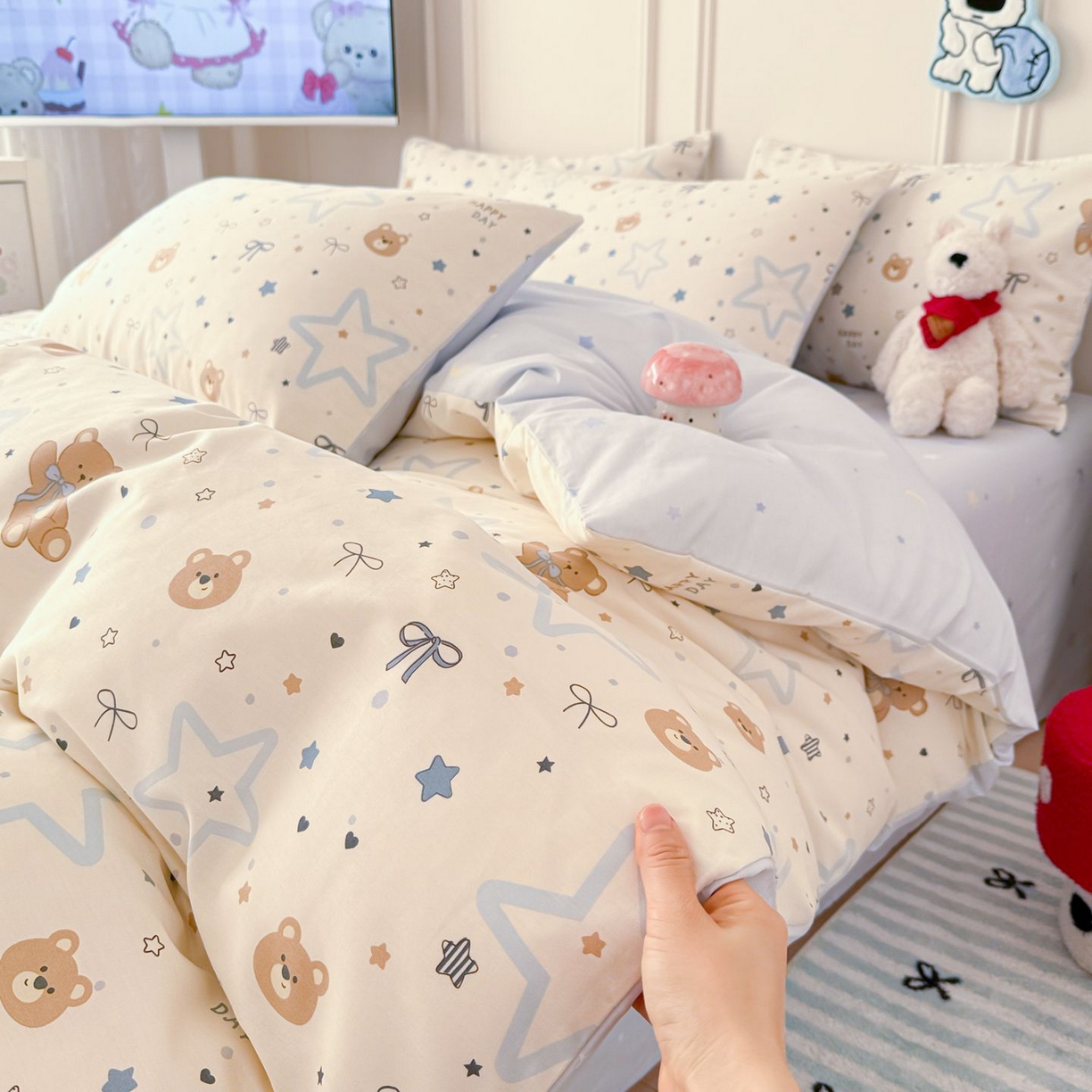 91家纺网 家纺一手货源 找家纺 女子家纺 2026新款全棉纯棉12868卡通印花四件套 星愿熊