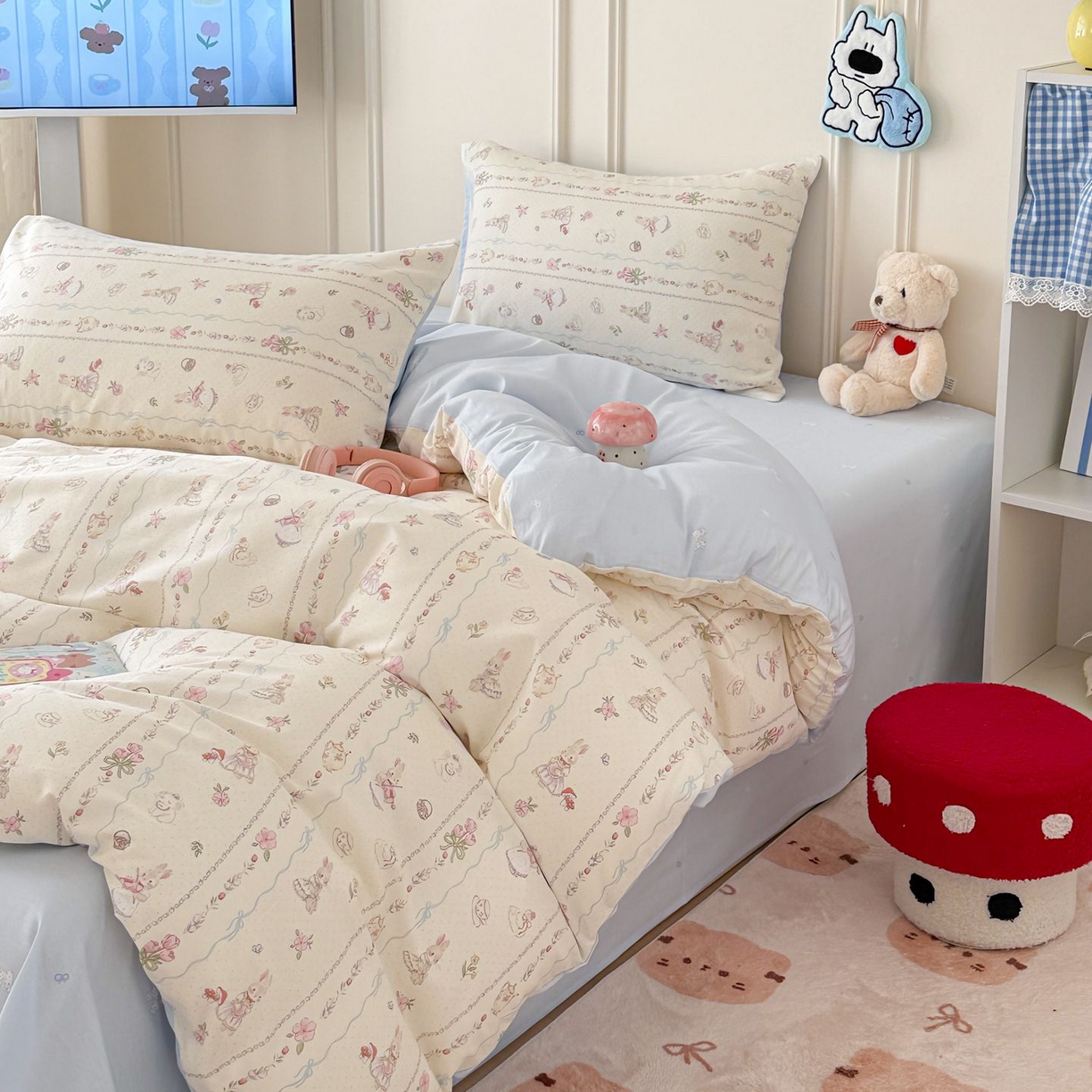 91家纺网 家纺一手货源 找家纺 女子家纺 2026新款全棉纯棉12868卡通印花四件套 兔与花