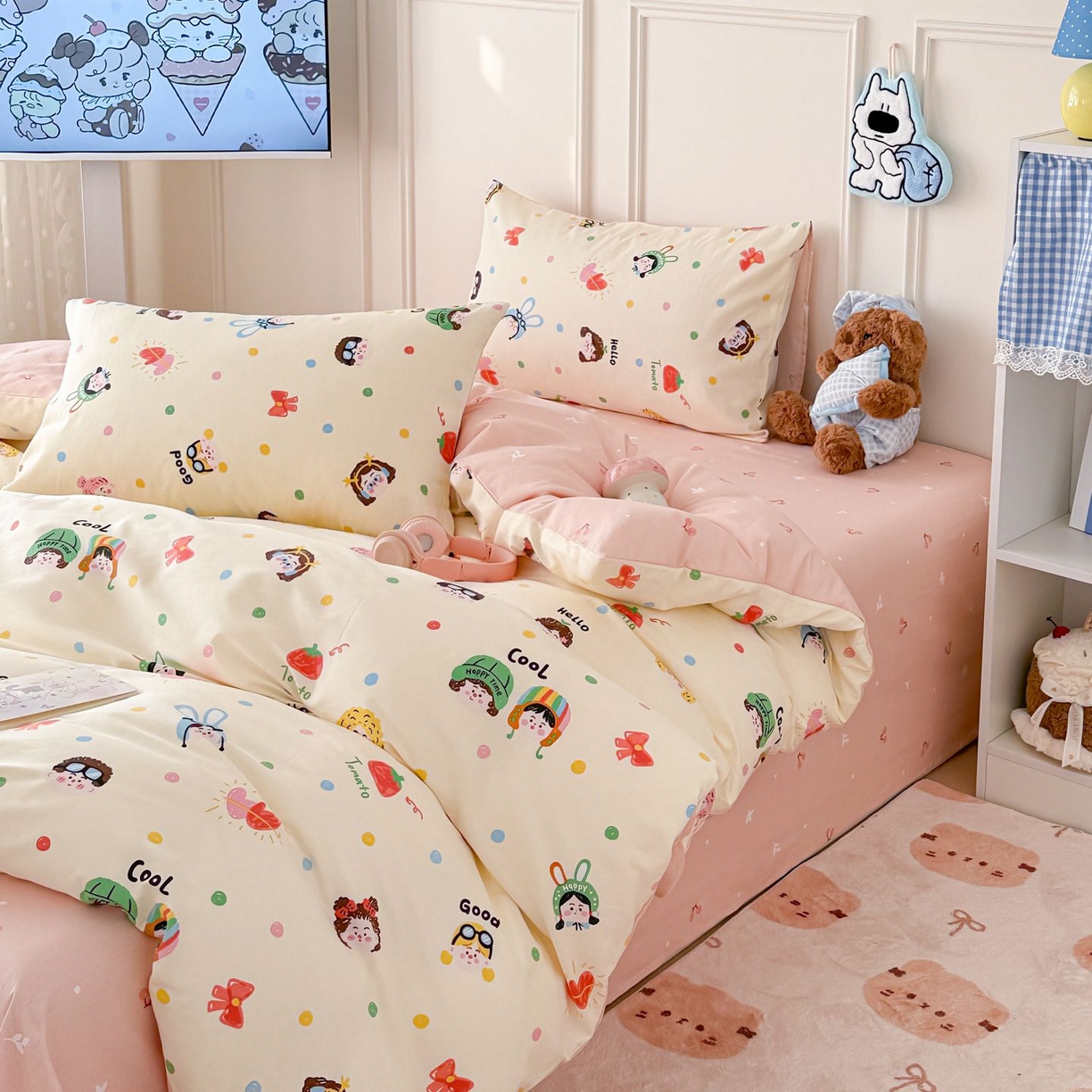 91家纺网 家纺一手货源 找家纺 女子家纺 2026新款全棉纯棉12868卡通印花四件套 甜娃娃