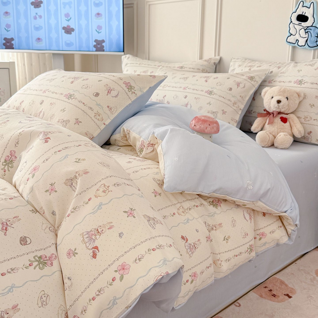 女子家纺 2026新款全棉纯棉12868卡通印花四件套 兔与花