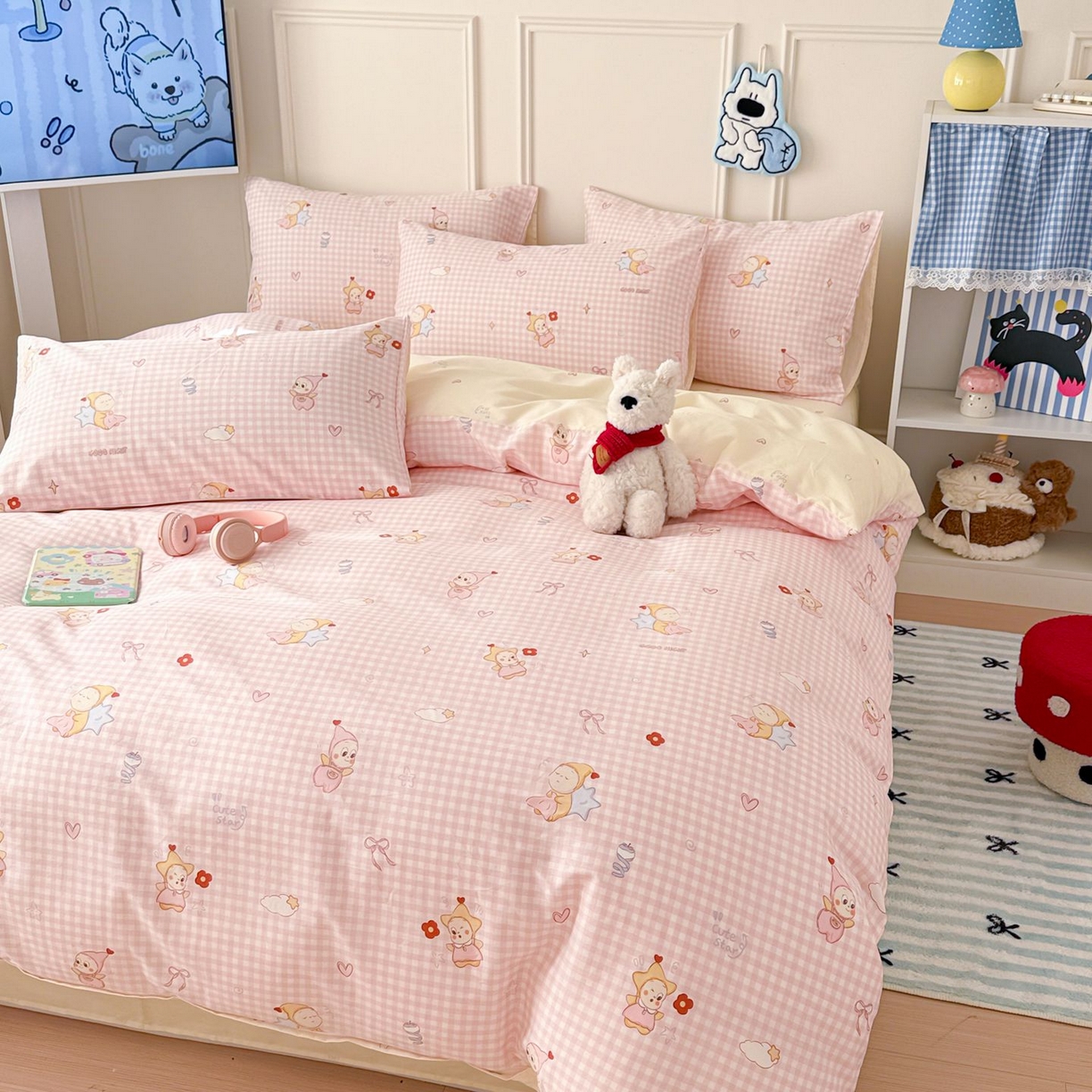 91家纺网 家纺一手货源 找家纺 女子家纺 2026新款全棉纯棉12868卡通印花四件套 粉格甜崽