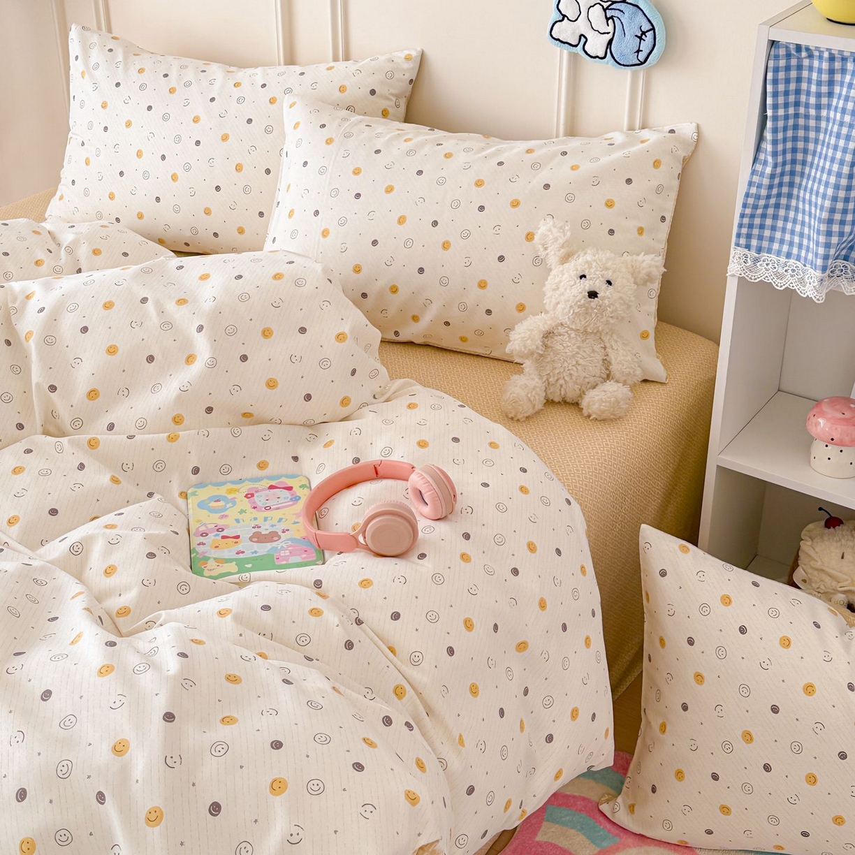 91家纺网 家纺一手货源 找家纺 女子家纺 2026新款全棉纯棉12868卡通印花四件套 小微笑