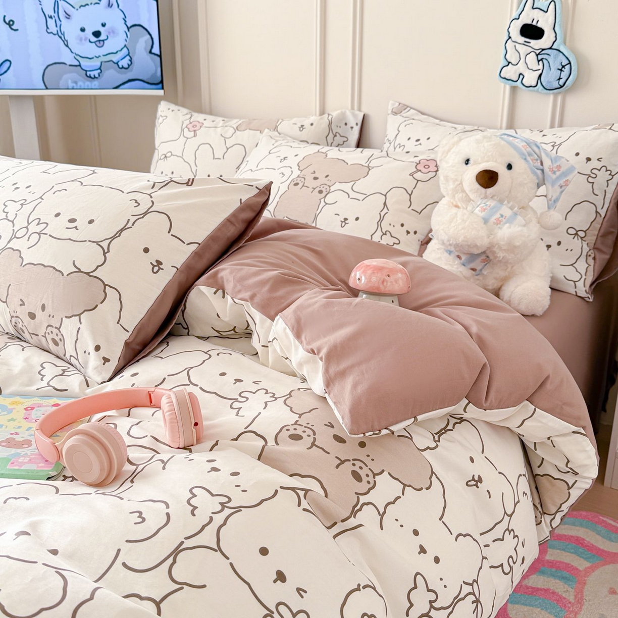 91家纺网 家纺一手货源 找家纺 女子家纺 2026新款全棉纯棉12868卡通印花四件套 小熊涂鸦