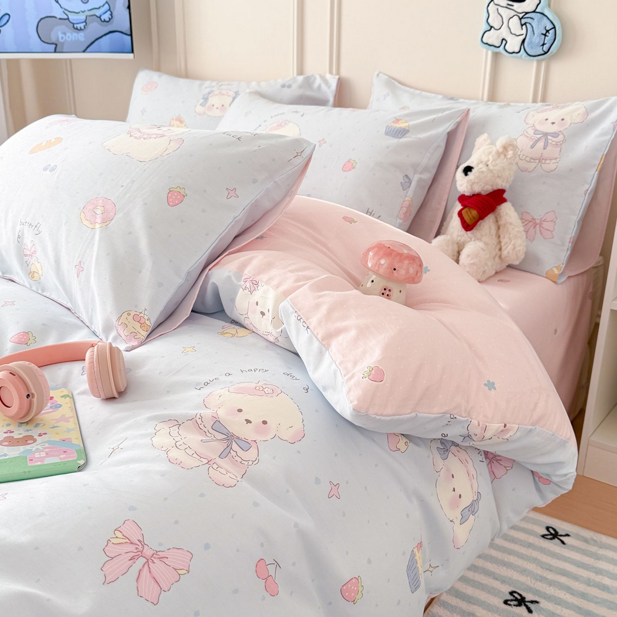 91家纺网 家纺一手货源 找家纺 女子家纺 2026新款全棉纯棉12868卡通印花四件套 蓝粉汪集