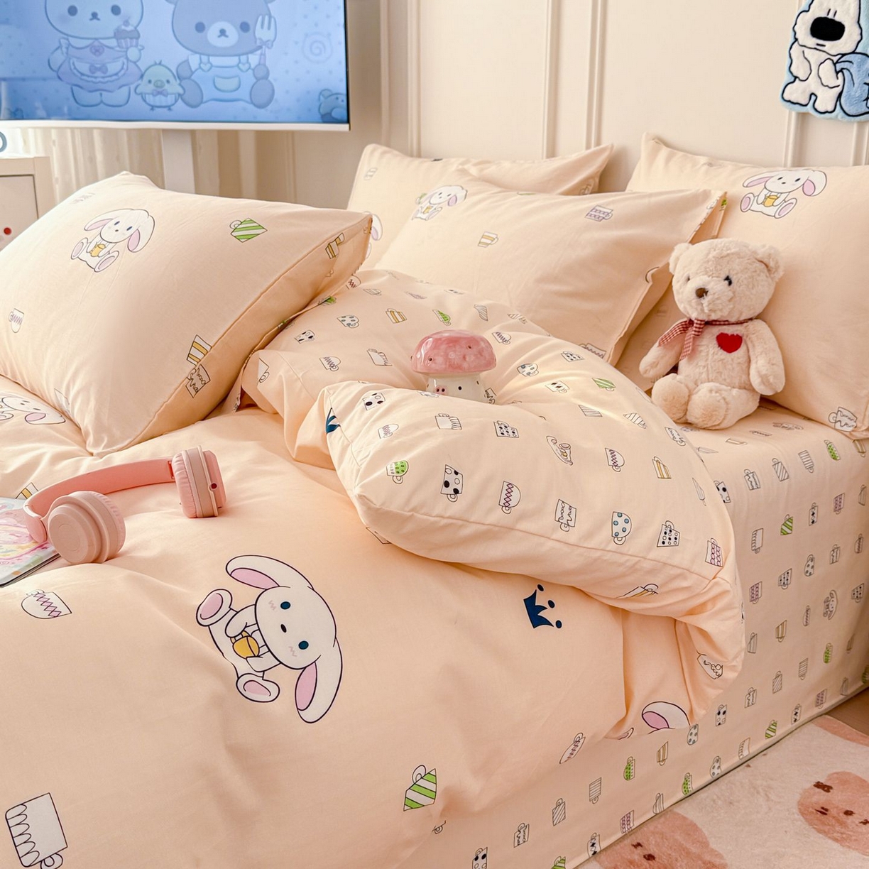 91家纺网 家纺一手货源 找家纺 女子家纺 2026新款全棉纯棉12868卡通印花四件套 大耳朵兔兔