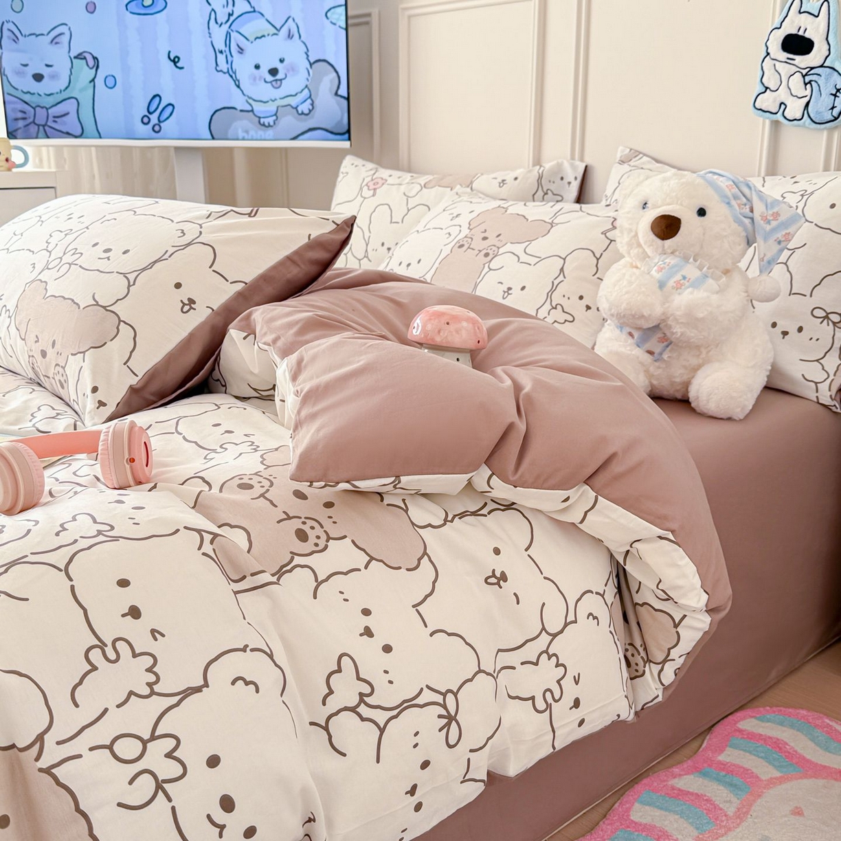 91家纺网 家纺一手货源 找家纺 女子家纺 2026新款全棉纯棉12868卡通印花四件套 小熊涂鸦