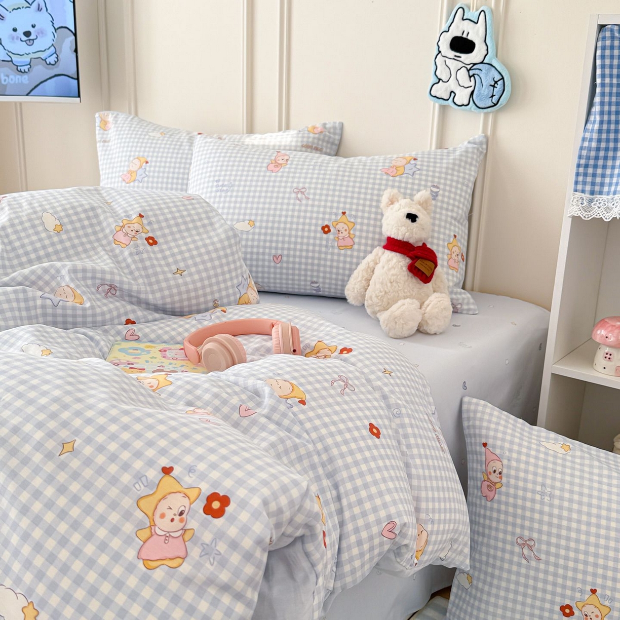 91家纺网 家纺一手货源 找家纺 女子家纺 2026新款全棉纯棉12868卡通印花四件套 蓝格甜崽