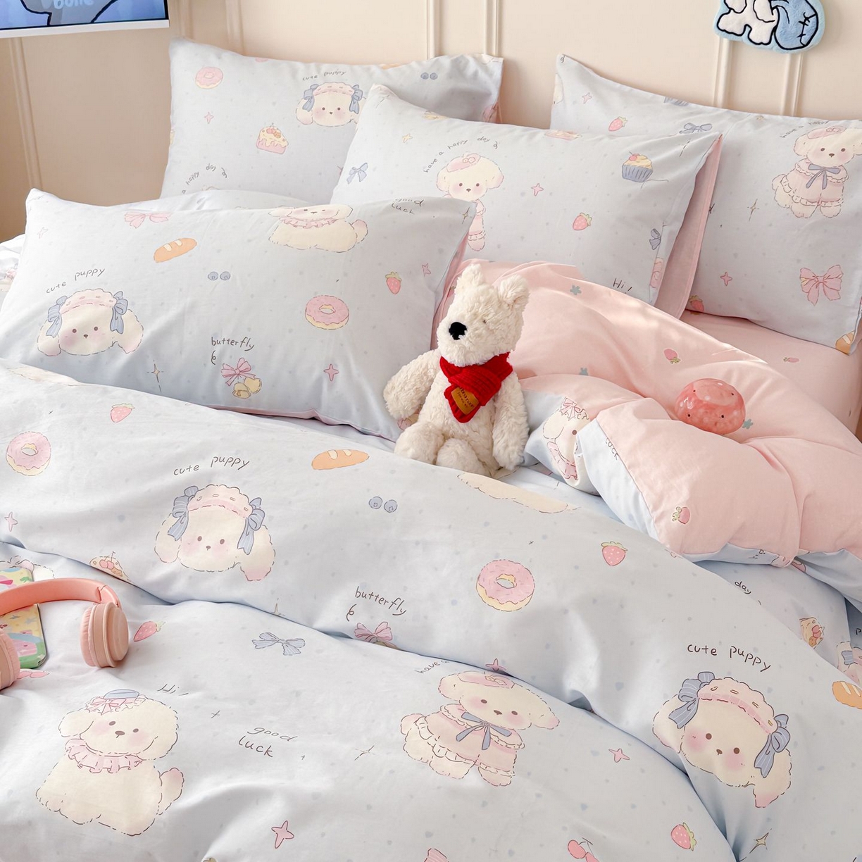 91家纺网 家纺一手货源 找家纺 女子家纺 2026新款全棉纯棉12868卡通印花四件套 蓝粉汪集