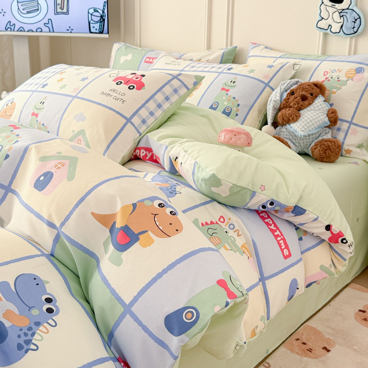 女子家纺 2026新款全棉纯棉12868卡通印花四件套 元气恐龙格