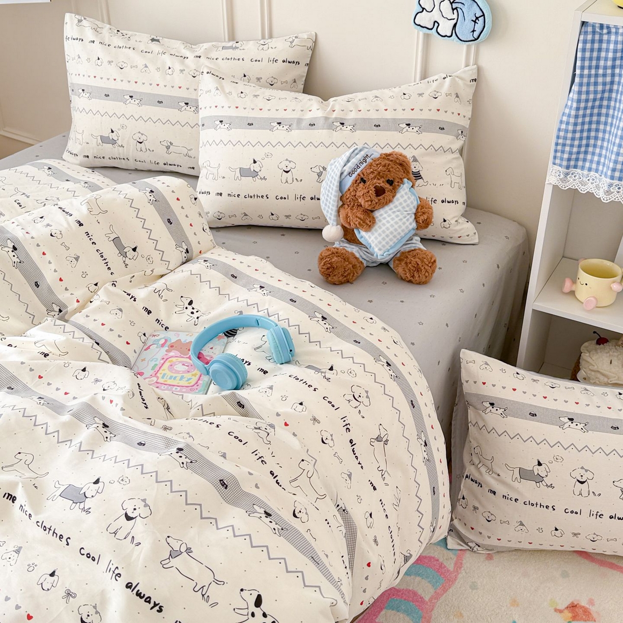 91家纺网 家纺一手货源 找家纺 女子家纺 2026新款全棉纯棉12868卡通印花四件套 手绘汪星人