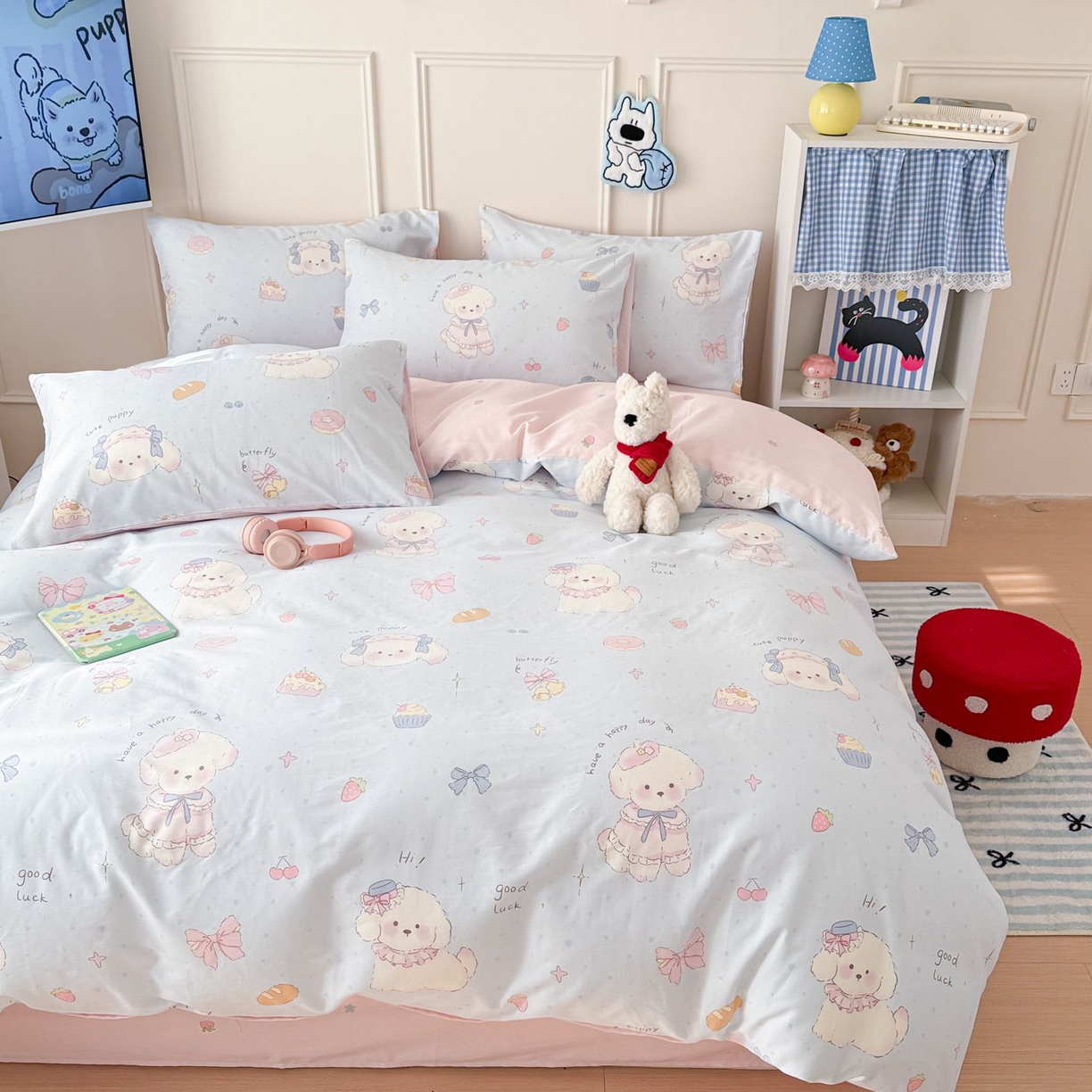 91家纺网 家纺一手货源 找家纺 女子家纺 2026新款全棉纯棉12868卡通印花四件套 蓝粉汪集