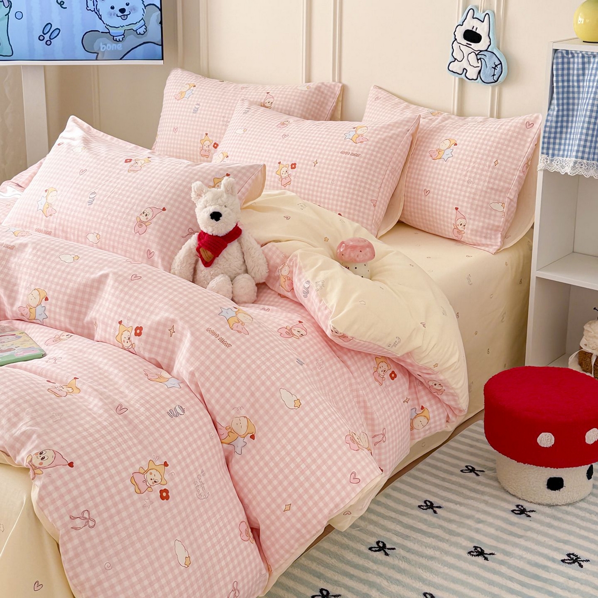 91家纺网 家纺一手货源 找家纺 女子家纺 2026新款全棉纯棉12868卡通印花四件套 粉格甜崽