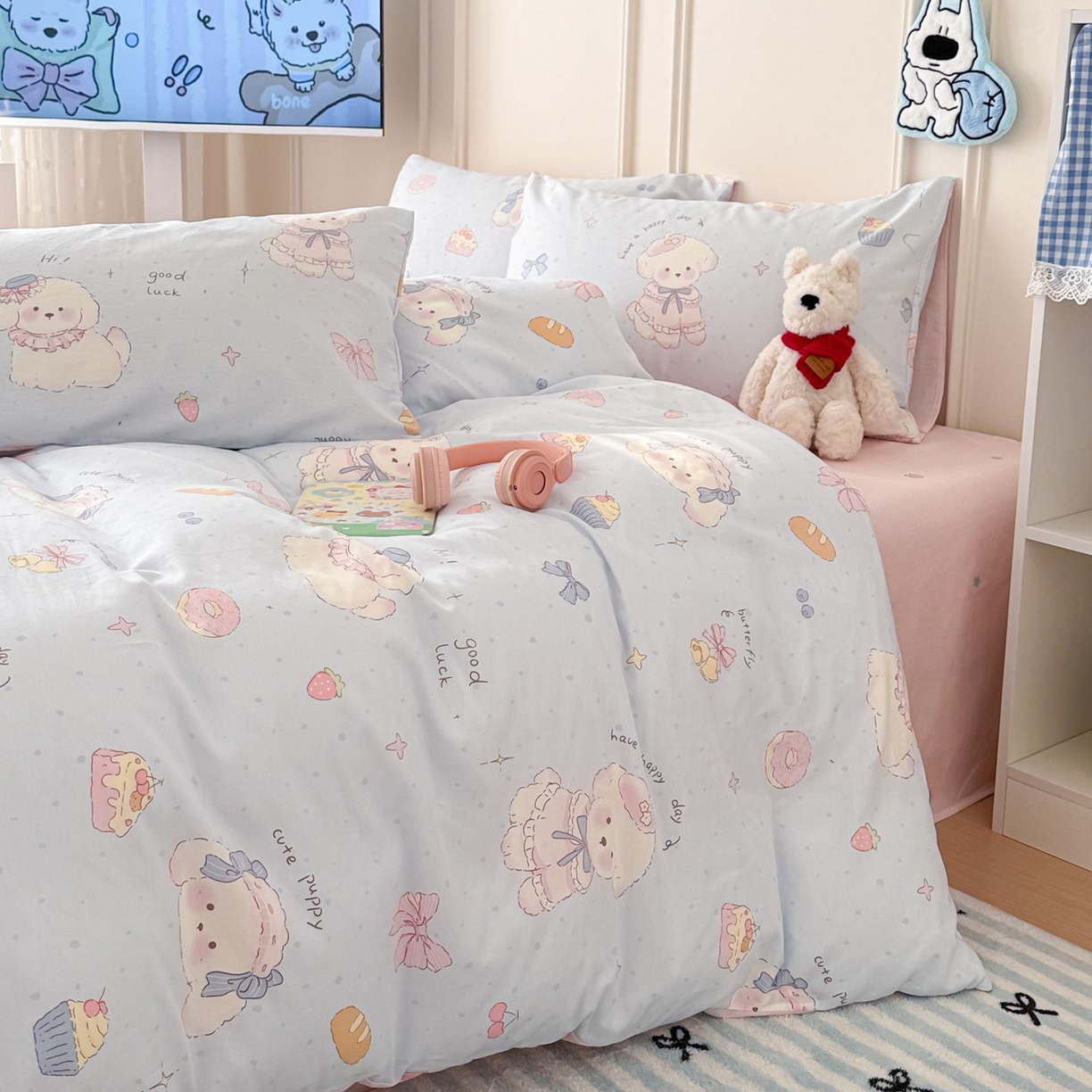 91家纺网 家纺一手货源 找家纺 女子家纺 2026新款全棉纯棉12868卡通印花四件套 蓝粉汪集