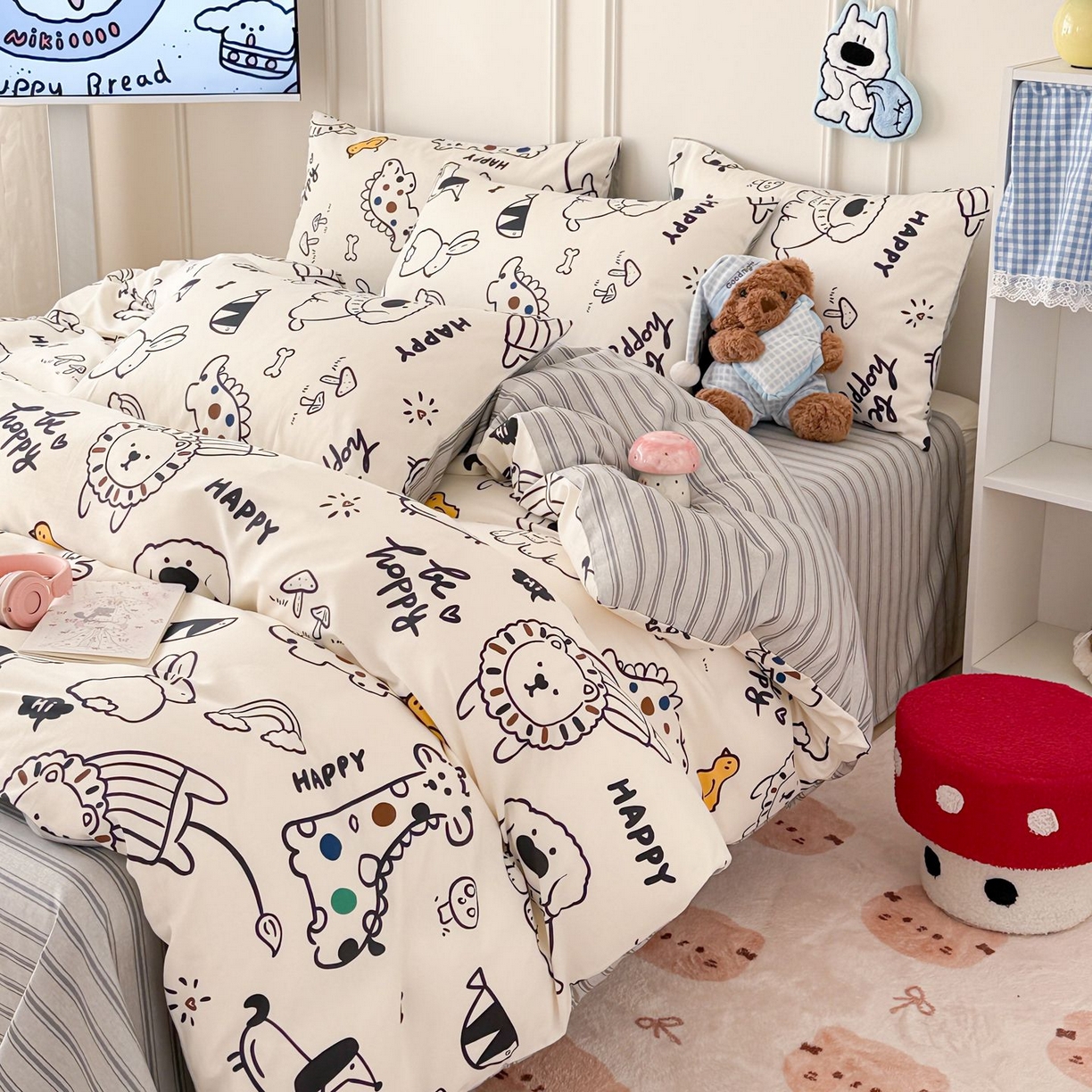 91家纺网 家纺一手货源 找家纺 女子家纺 2026新款全棉纯棉12868卡通印花四件套 黑白动物集