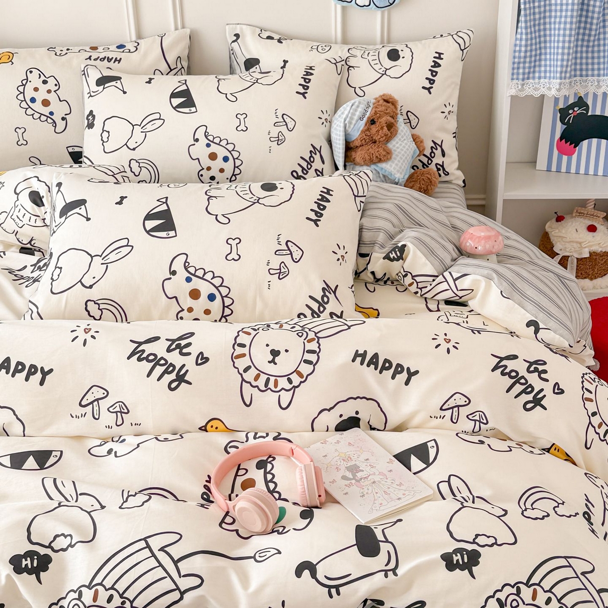 91家纺网 家纺一手货源 找家纺 女子家纺 2026新款全棉纯棉12868卡通印花四件套 黑白动物集