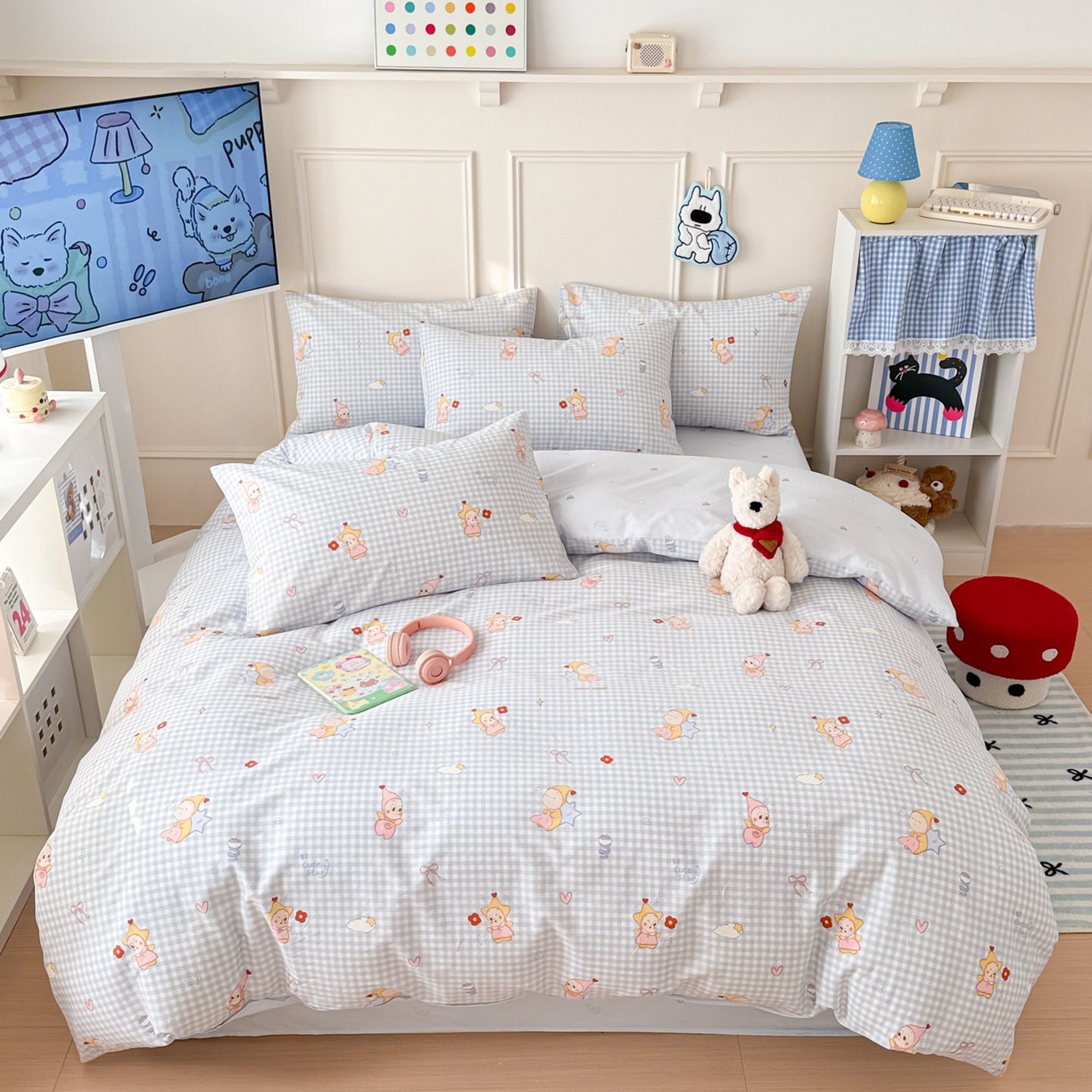 91家纺网 家纺一手货源 找家纺 女子家纺 2026新款全棉纯棉12868卡通印花四件套 蓝格甜崽