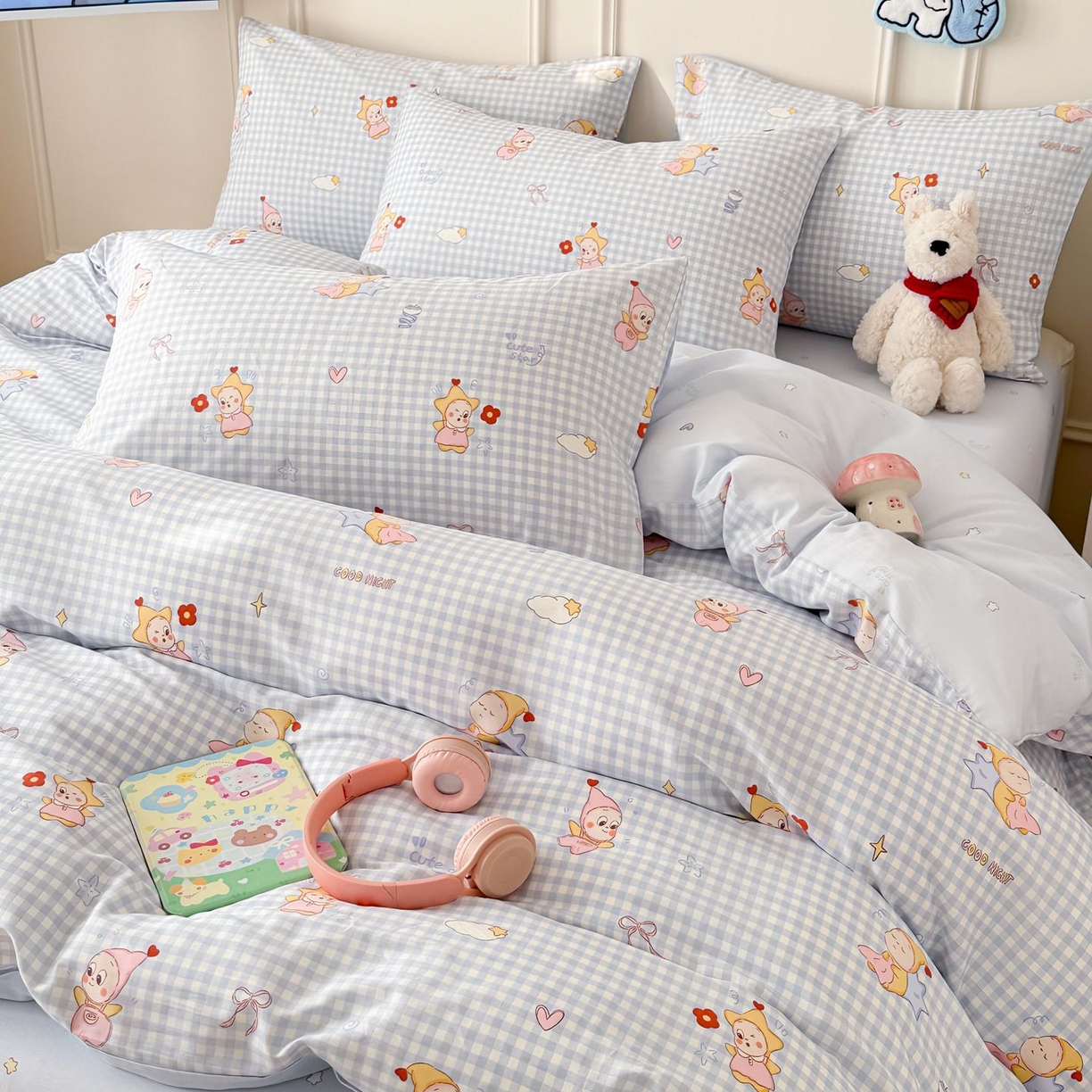 91家纺网 家纺一手货源 找家纺 女子家纺 2026新款全棉纯棉12868卡通印花四件套 蓝格甜崽