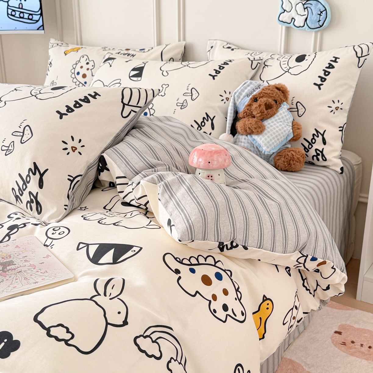 91家纺网 家纺一手货源 找家纺 女子家纺 2026新款全棉纯棉12868卡通印花四件套 黑白动物集