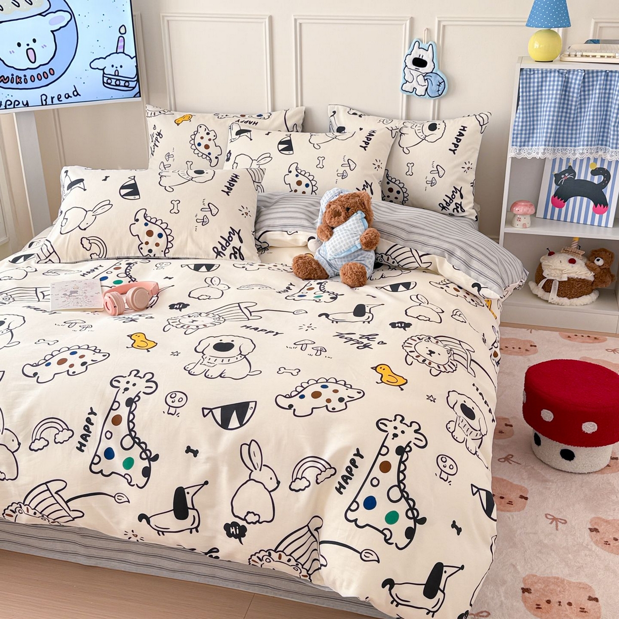 91家纺网 家纺一手货源 找家纺 女子家纺 2026新款全棉纯棉12868卡通印花四件套 黑白动物集