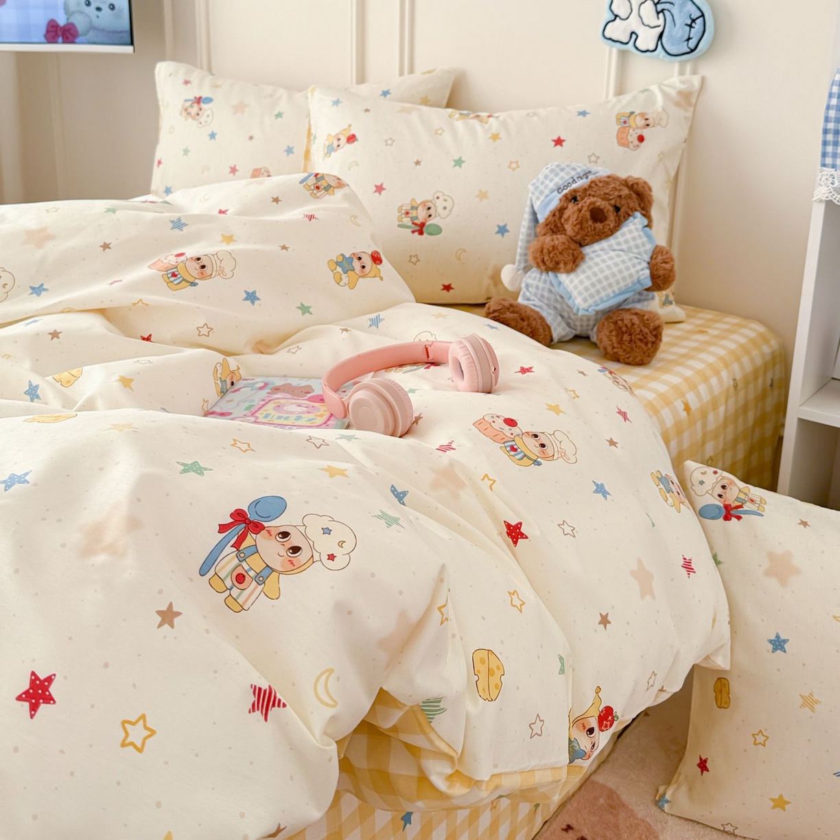 91家纺网 家纺一手货源 找家纺 女子家纺 2026新款全棉纯棉12868卡通印花四件套 七彩星星