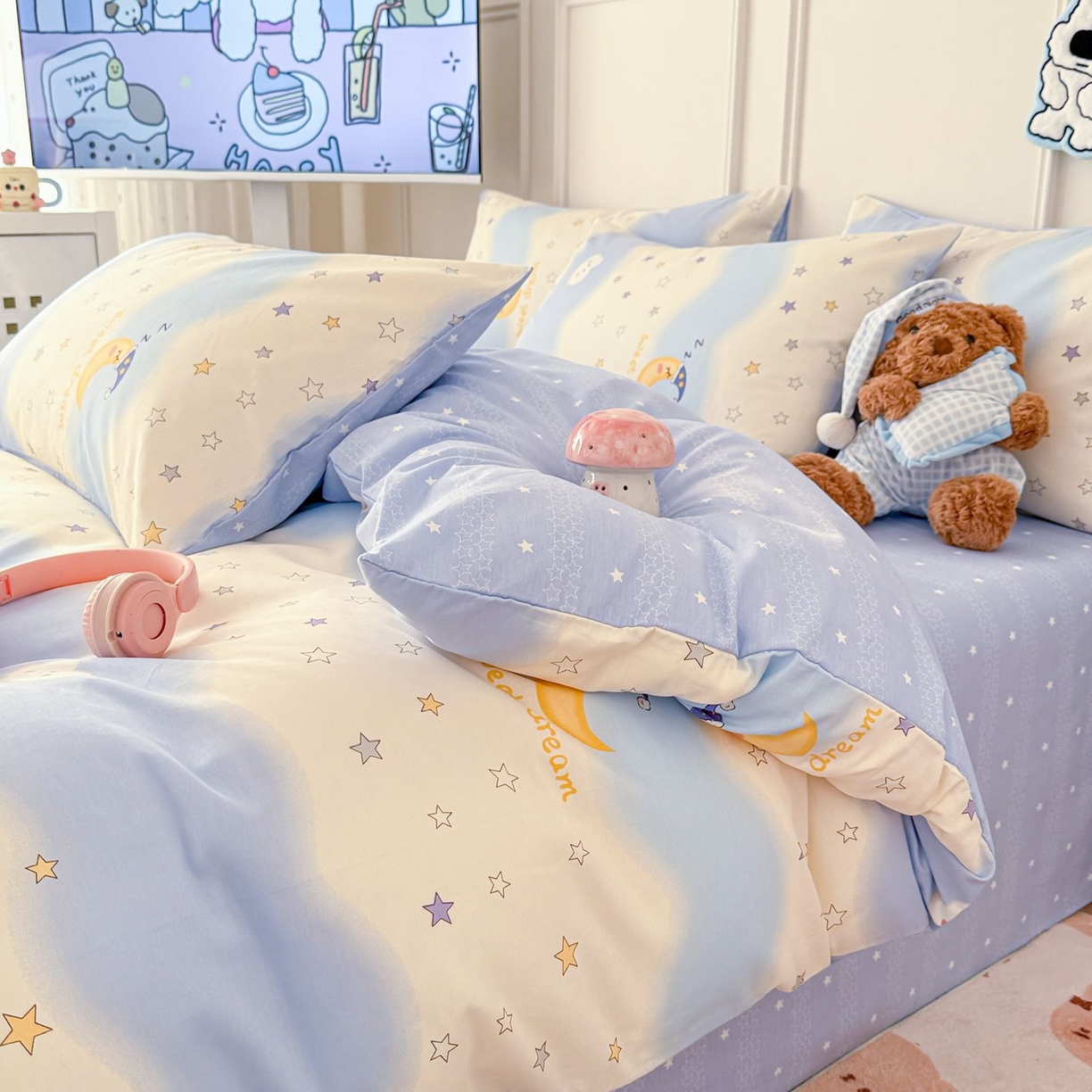 91家纺网 家纺一手货源 找家纺 女子家纺 2026新款全棉纯棉12868卡通印花四件套 星夜星浪