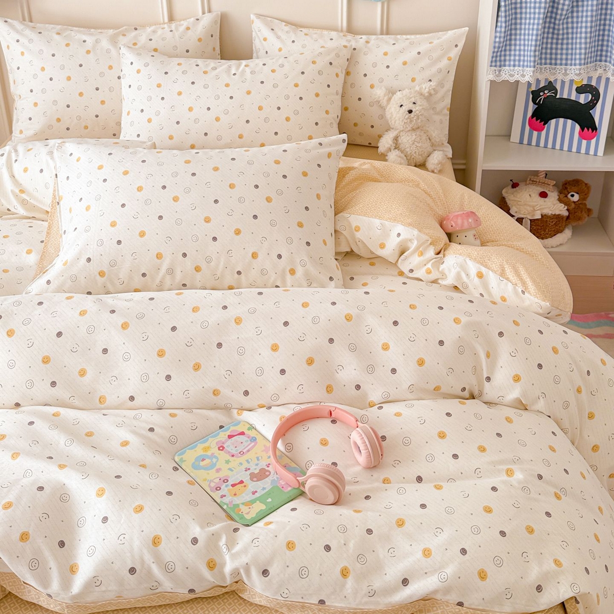 91家纺网 家纺一手货源 找家纺 女子家纺 2026新款全棉纯棉12868卡通印花四件套 小微笑