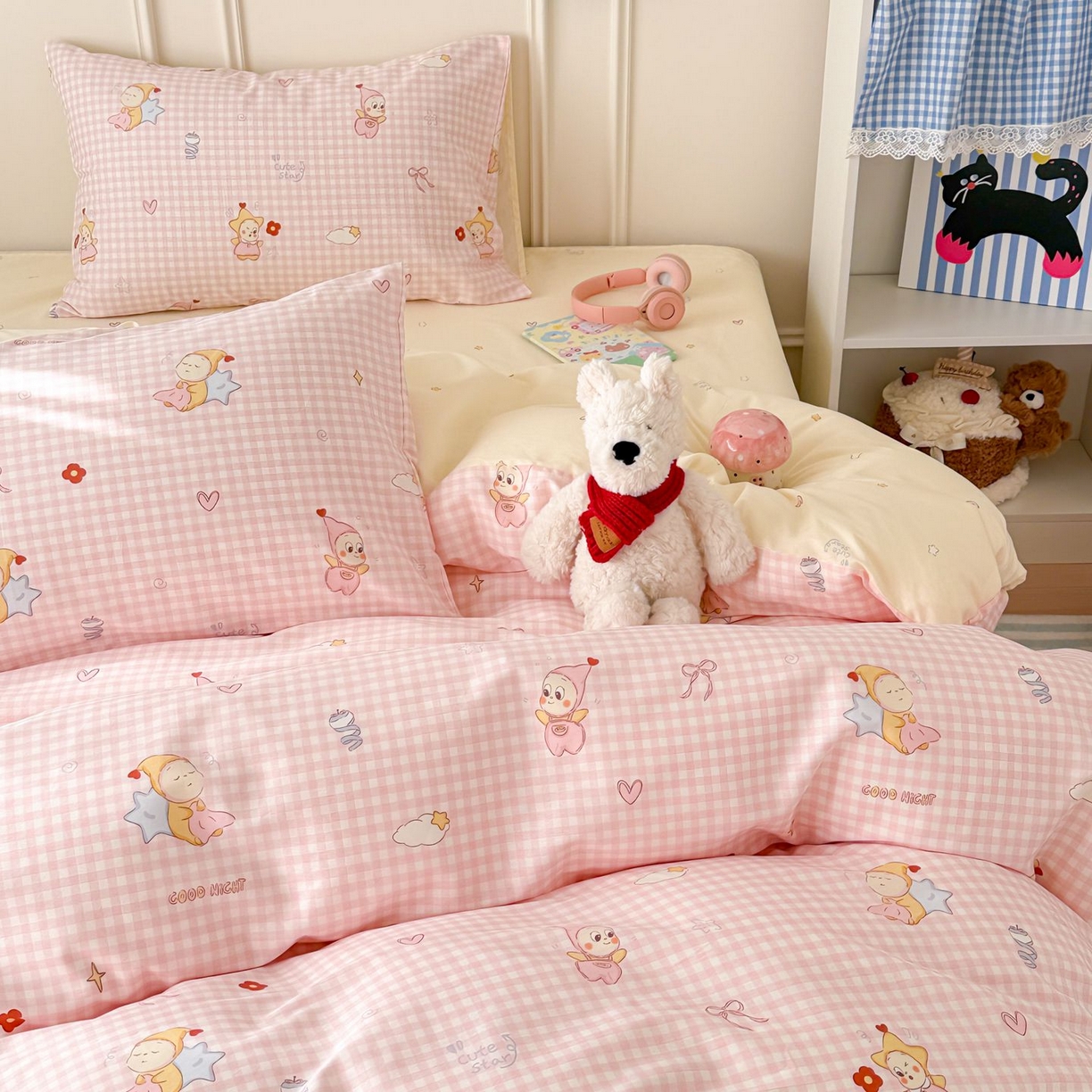 91家纺网 家纺一手货源 找家纺 女子家纺 2026新款全棉纯棉12868卡通印花四件套 粉格甜崽